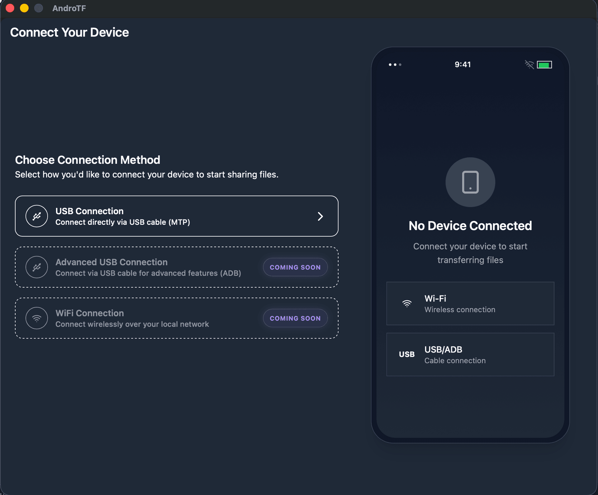 AndroTF macOS app showing file transfer interface with Android device